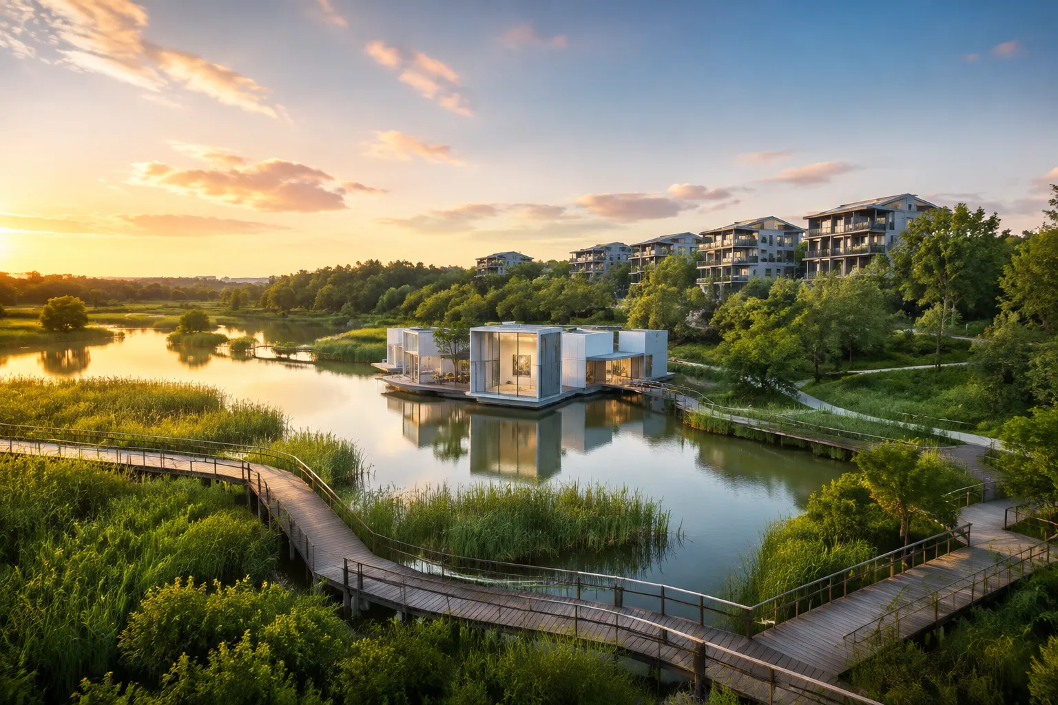Luhu Eco-City lakeside boardwalks and A4 Art Museum floating gallery in Chengdu